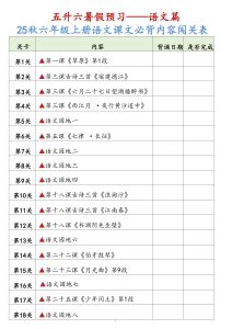 五升六暑假预习——语文篇：2025秋六年级上册语文必背内容闯关表-宝库盒教辅资料站