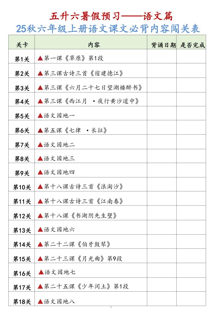 五升六暑假预习——语文篇：25秋六年级上册语文课文必背内容闯关表-宝库盒教辅资料站