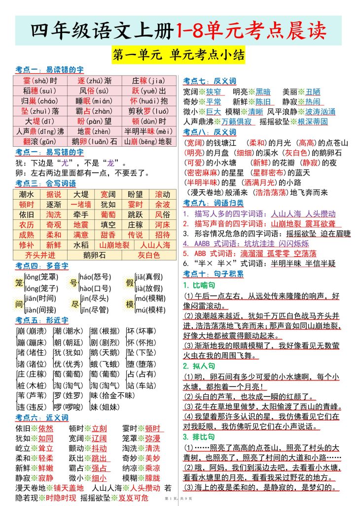 四年级语文上册1-8单元考点晨读-宝库盒教辅资料站