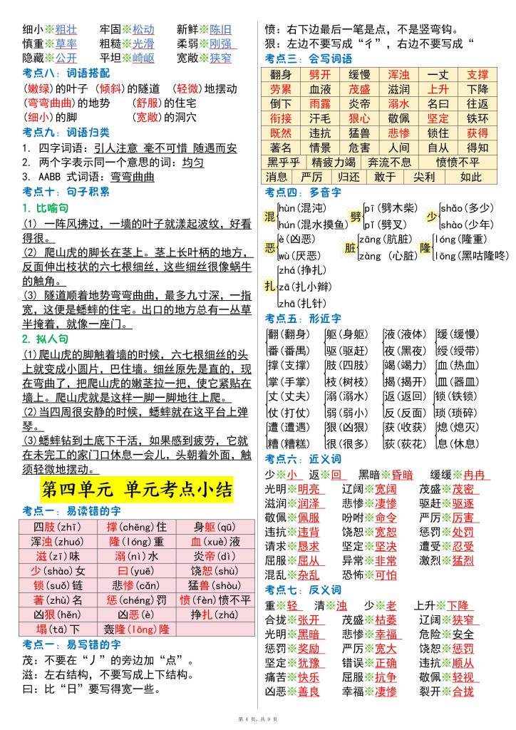 图片[4]-四年级语文上册1-8单元考点晨读-宝库盒教辅资料站