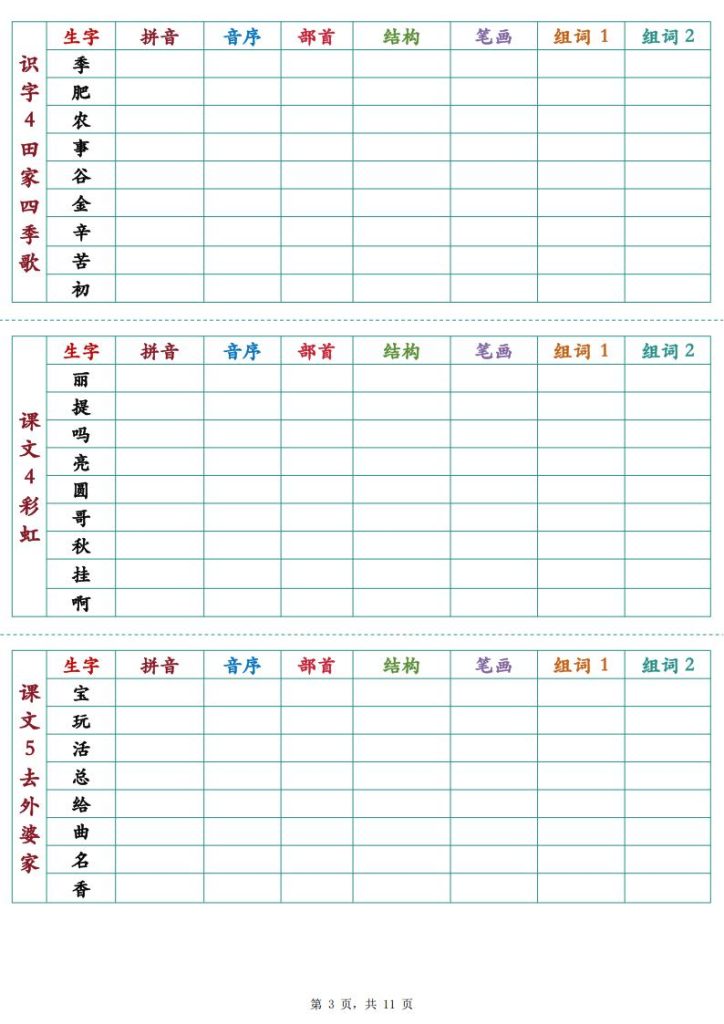 图片[3]-25秋新二年级上册语文生字预习卡-宝库盒教辅资料站