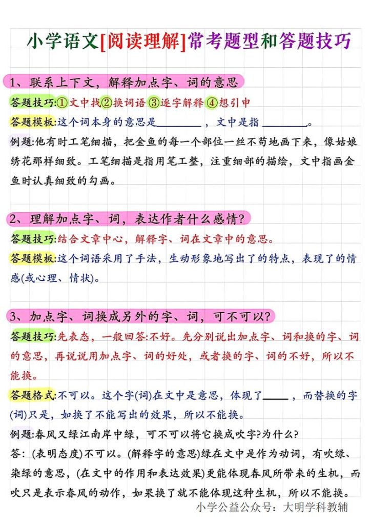 小学语文[阅读理解]常考题型和答题技巧-宝库盒教辅资料站
