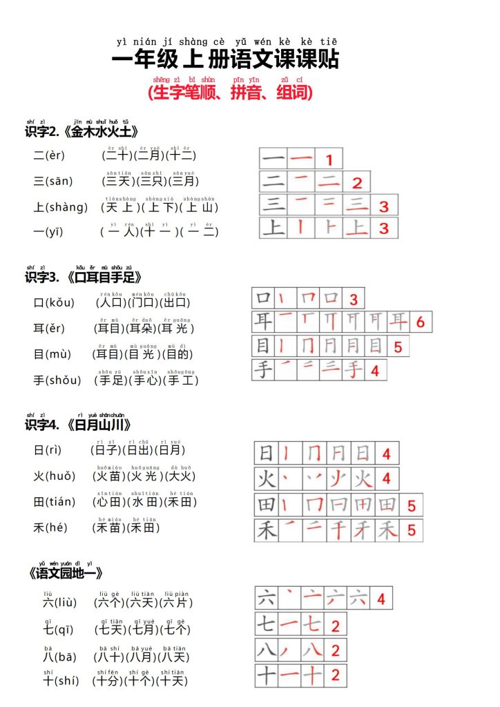 25秋一年级上册语文课课贴（生字笔顺、拼音、组词）-宝库盒教辅资料站