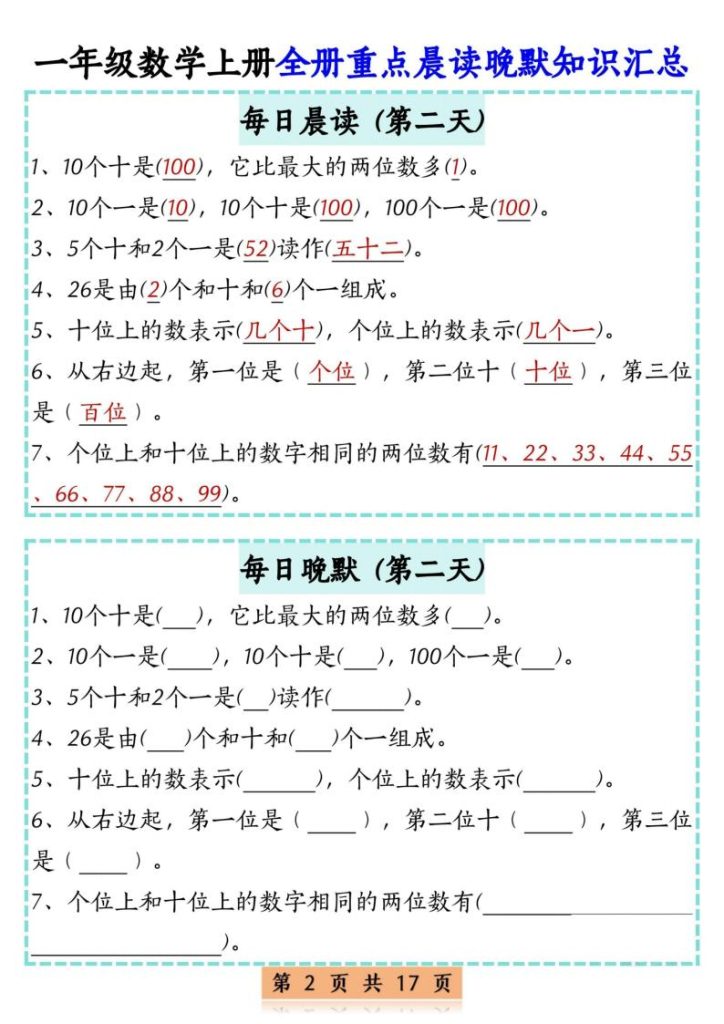 图片[2]-一年级数学上册全册重点晨读晚默知识汇总-宝库盒教辅资料站