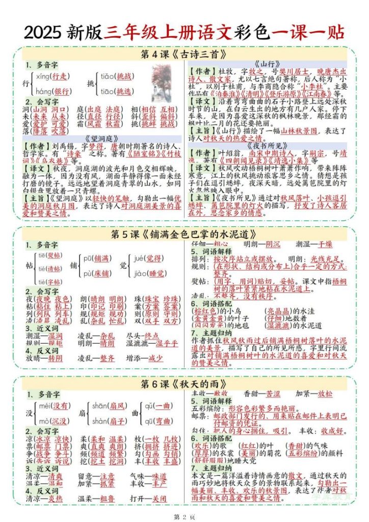 图片[2]-2025 新版三年级上册语文彩色一课一贴-宝库盒教辅资料站