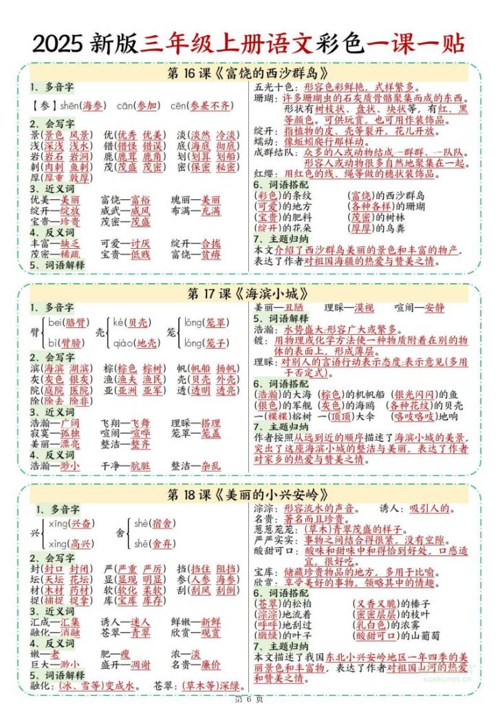 图片[6]-2025 新版三年级上册语文彩色一课一贴-宝库盒教辅资料站