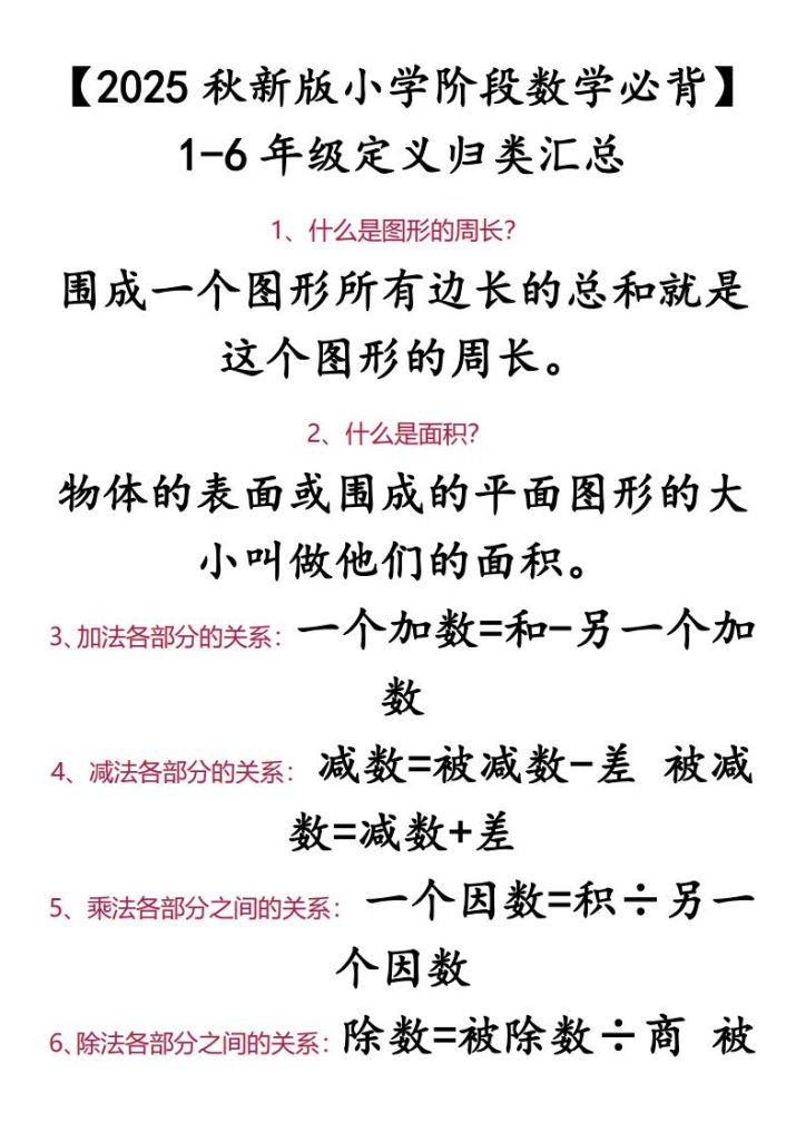 2025秋新版小学阶段数学必背：1-6 年级定义归类汇总-宝库盒教辅资料站