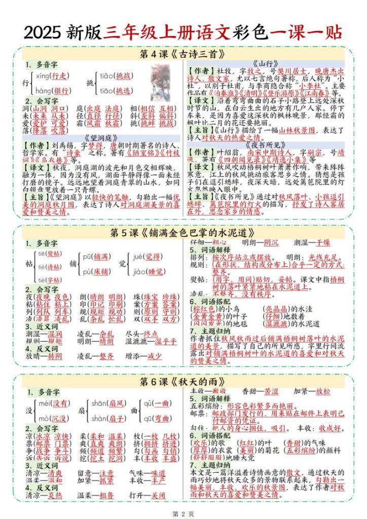 图片[2]-2025 新版三年级上册语文彩色一课一贴-宝库盒教辅资料站
