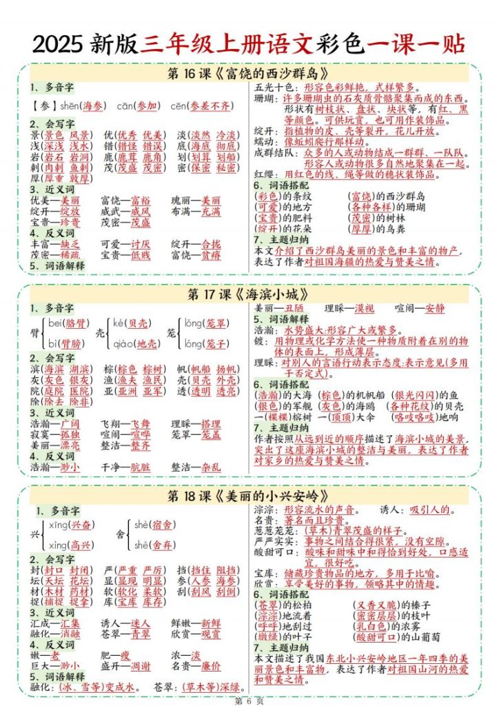 图片[6]-2025 新版三年级上册语文彩色一课一贴-宝库盒教辅资料站
