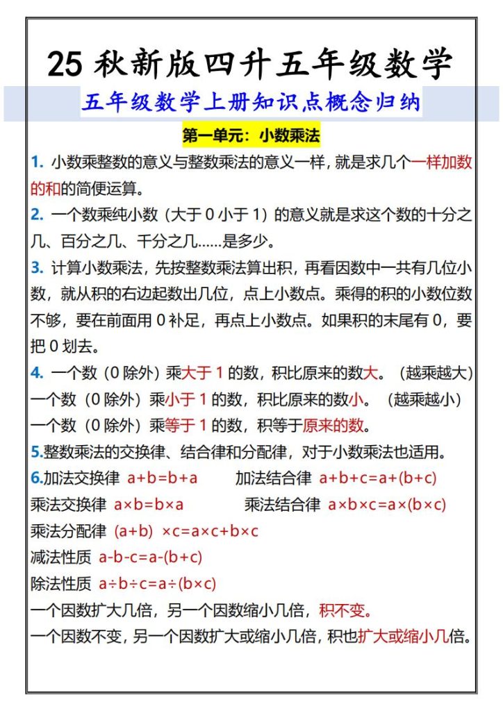 25秋新版四升五年级数学上册知识点概念归纳-宝库盒教辅资料站