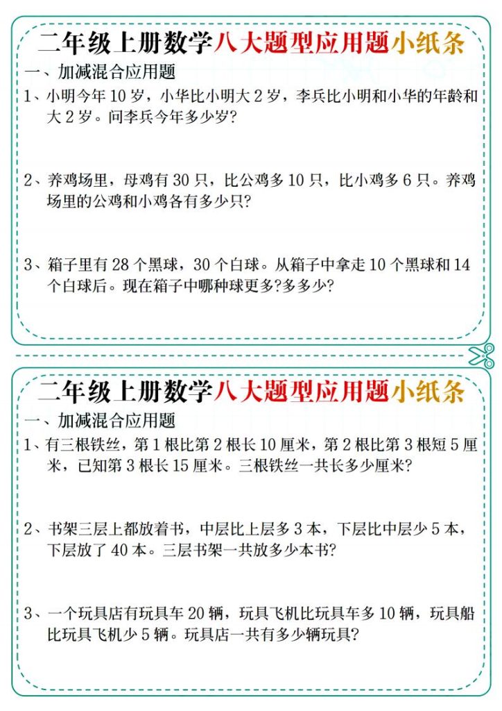 二年级上册数学八大题型应用题小纸条-宝库盒教辅资料站