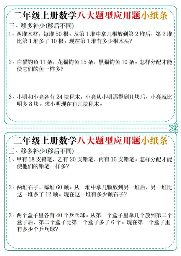 图片[3]-二年级上册数学八大题型应用题小纸条-宝库盒教辅资料站