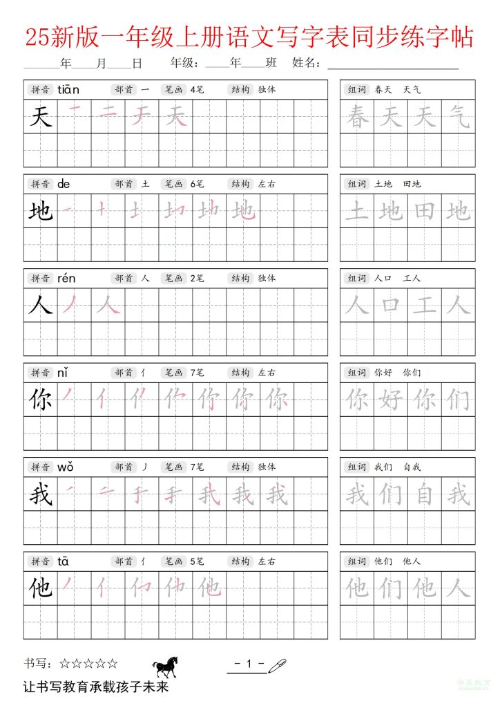 25新版一年级上册语文写字表同步练字帖-宝库盒教辅资料站