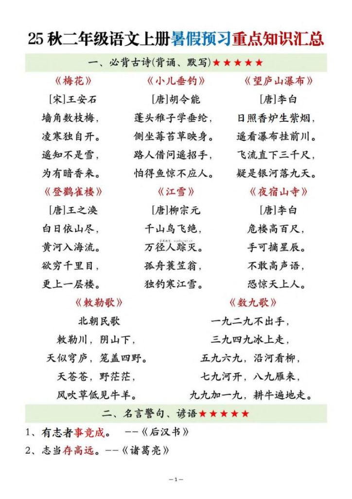 25秋二年级语文上册暑假预习重点知识汇总-宝库盒教辅资料站
