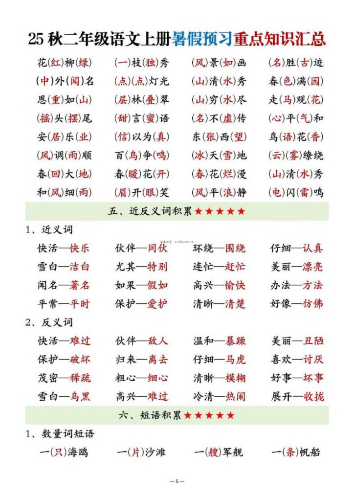 图片[5]-25秋二年级语文上册暑假预习重点知识汇总-宝库盒教辅资料站