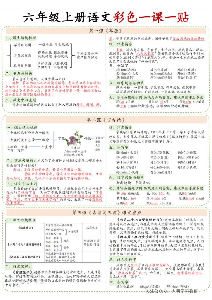 六年级上册语文彩色一课一贴-宝库盒教辅资料站