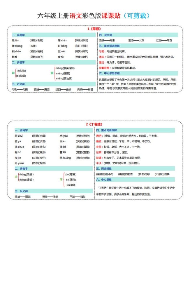 2025年六年级上册语文《新版彩色课课贴·可剪裁》-宝库盒教辅资料站