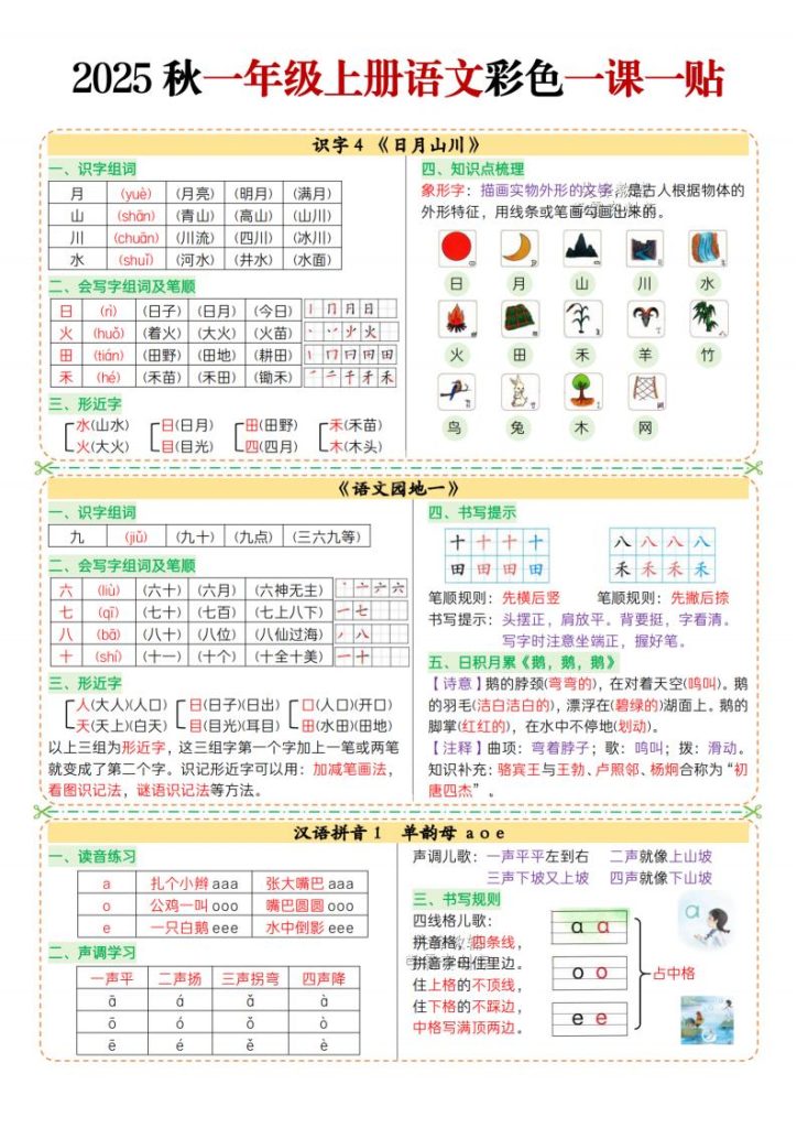 图片[2]-2025 秋一年级上册语文彩色一课一贴-宝库盒教辅资料站