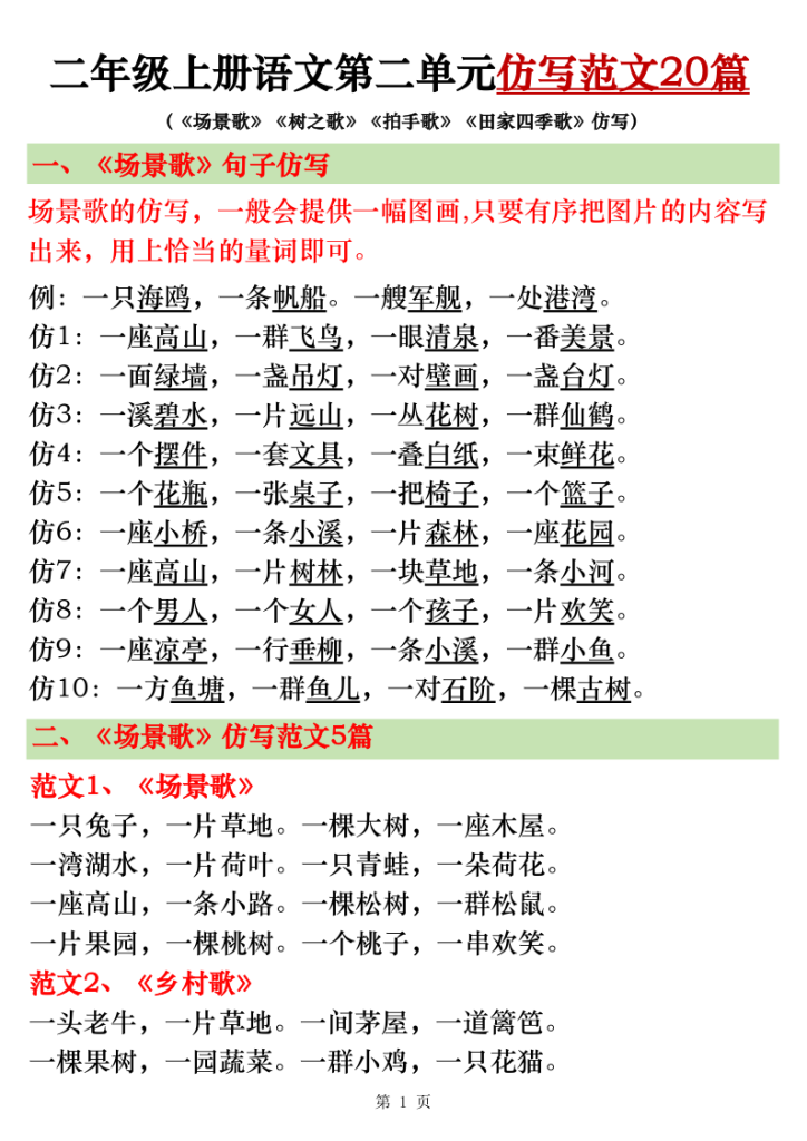 二年级上册语文第二单元仿写范文20篇（《场景歌》《树之歌》《拍手歌》《田家四季歌》仿写）-宝库盒教辅资料站