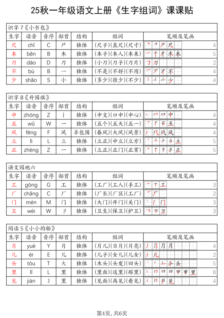 图片[4]-25秋一年级上册语文《生字组词课课贴》-宝库盒教辅资料站