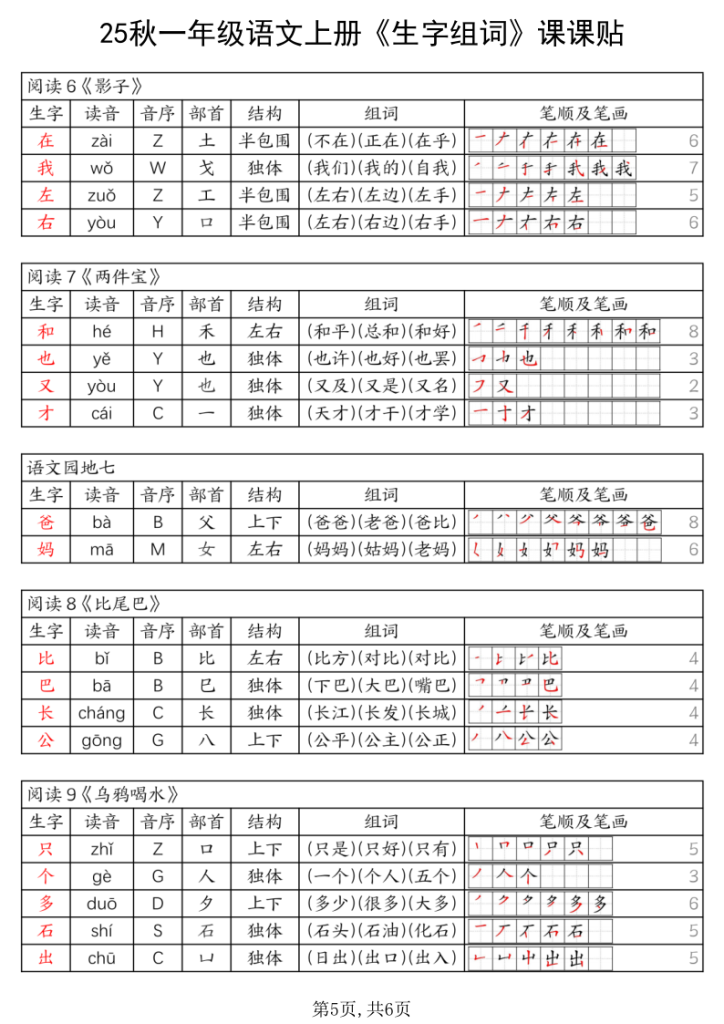 图片[5]-25秋一年级上册语文《生字组词课课贴》-宝库盒教辅资料站