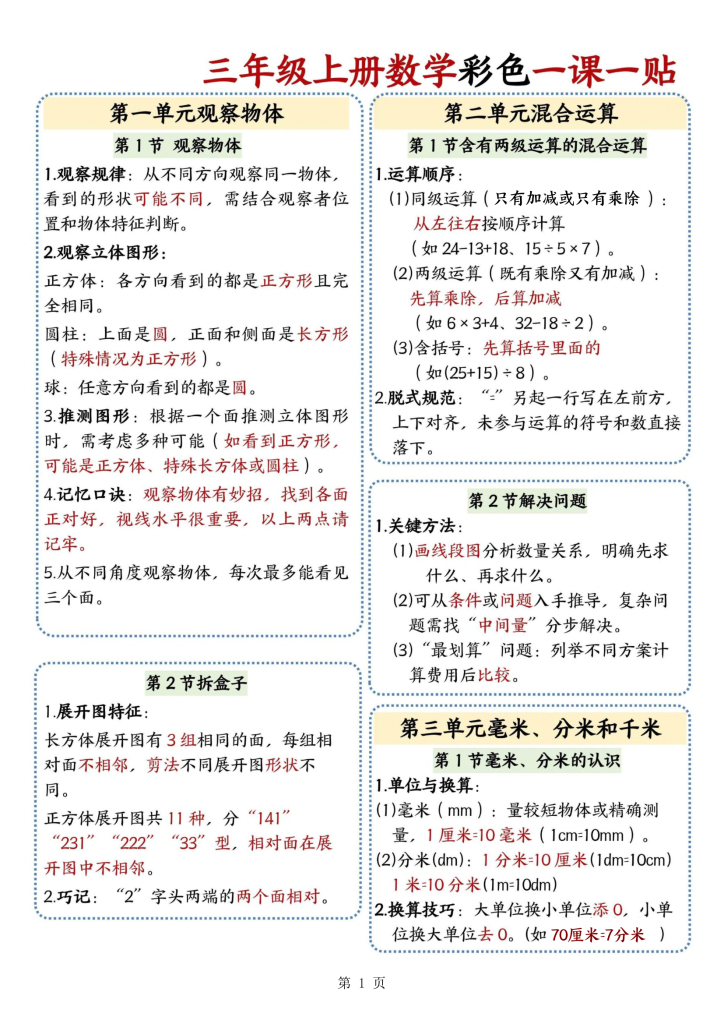 三年级上册数学彩色一课一贴-宝库盒教辅资料站