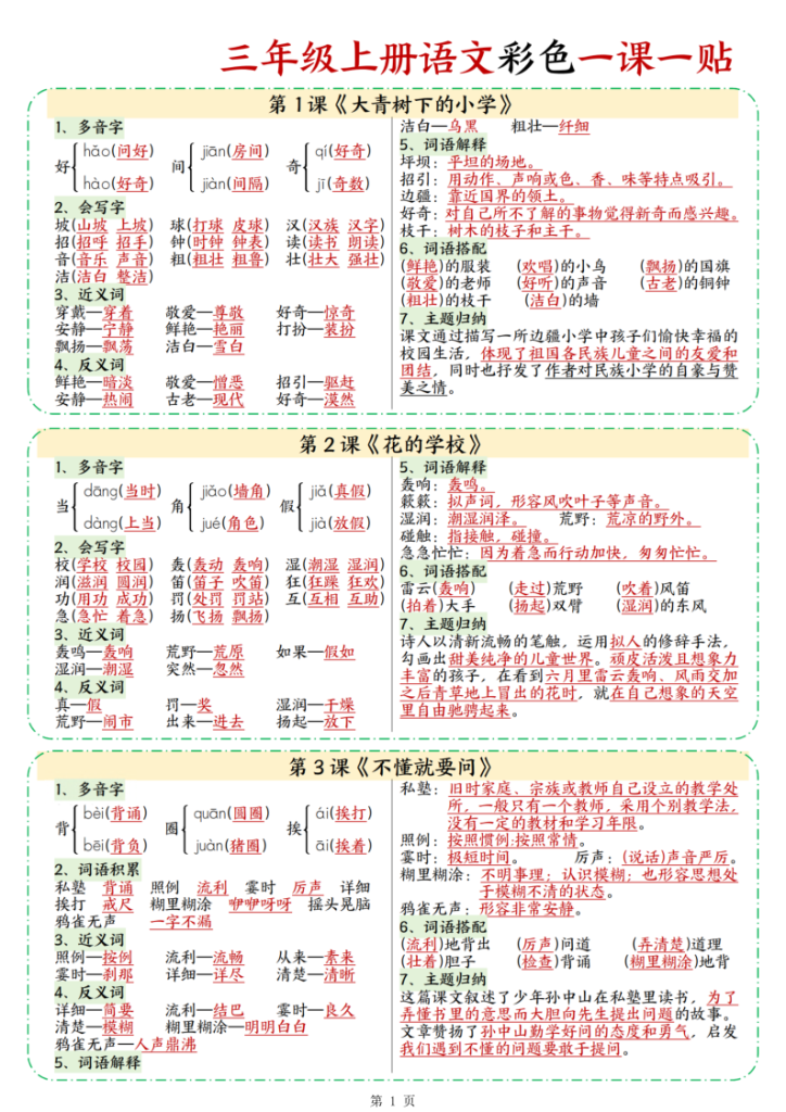 三年级上册语文彩色一课一贴-宝库盒教辅资料站