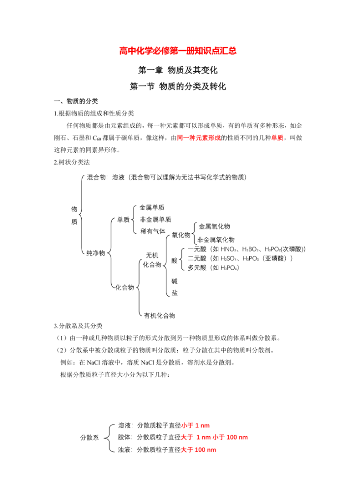 2025学年高一上学期化学必修第一册课本知识点汇总-宝库盒教辅资料站