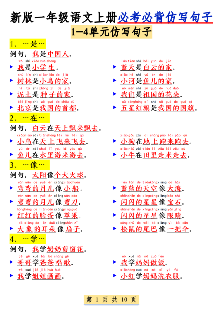 25新一年级上册语文必考必背仿写句子(含仿写练习)-宝库盒教辅资料站