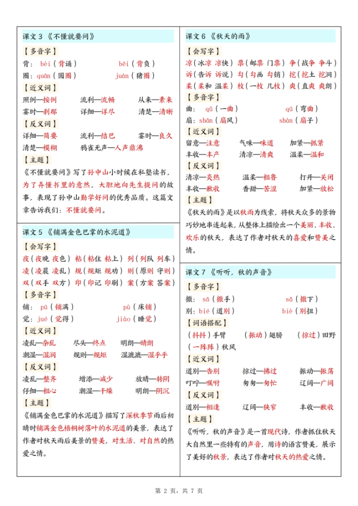 图片[2]-2025新三年级上册语文每课重点课课贴-宝库盒教辅资料站