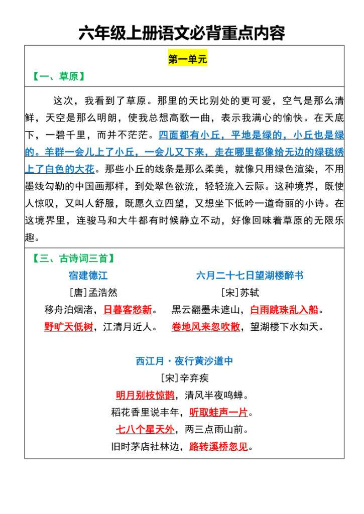 图片[2]-六年级上册语文必背课文重点闯关表-宝库盒教辅资料站