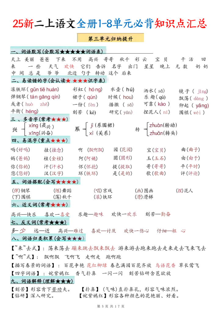 图片[5]-25新二年级上册语文1-8单元必背知识点汇总-宝库盒教辅资料站