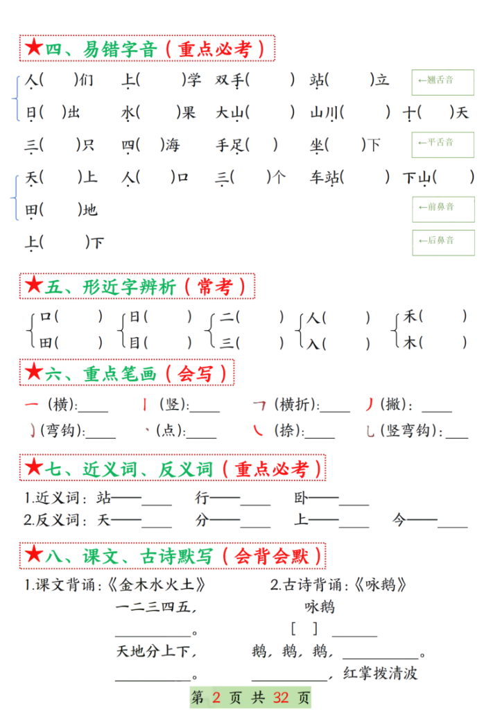 图片[2]-25学年一年级上册语文1-8单元考点总结（8个必背知识点）空白＋答案版-宝库盒教辅资料站