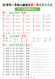 一年级上册语文第一单元考点总结8个必背知识点-宝库盒教辅资料站