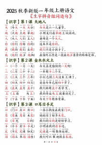 25年秋一年级上册语文生字拼音组词造句-宝库盒教辅资料站