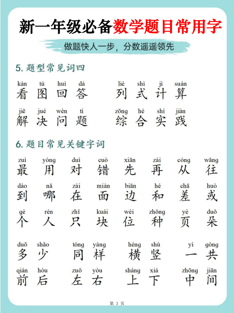 25新一年级必备数学题目常用字-宝库盒教辅资料站