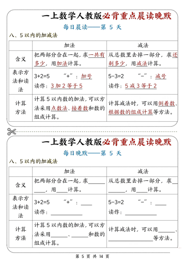 图片[5]-一上数学人教版必背重点晨读晚默-宝库盒教辅资料站