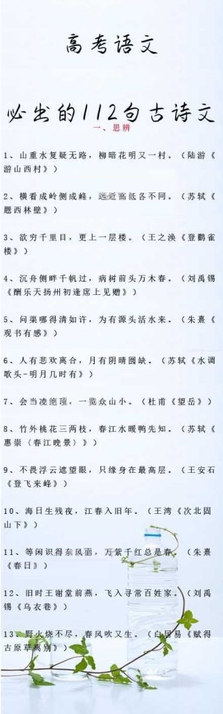 【高考语文：必考的112句古诗文】高三姐将高考必出的112句古诗文按不同的意旨归类了出来，望同学们认真记一下。古诗文默写肯定会有哦！-宝库盒教辅资料站