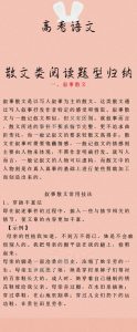 【高考语文：散文类阅读题型归纳】散文是一种重要的文学体裁，也是考生乐于采用的一种文章样式。在考场作文中经常出现的散文佳作有叙事散文、抒情散文和哲理散文，这些成功的应试之作，不但展示了考生的才情，也帮他们获得了高分。下面谈谈这三类散文的特点及写作中的常用技法。-宝库盒教辅资料站
