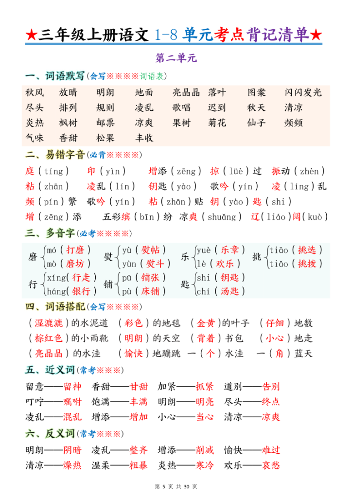 图片[5]-三上语文【25秋-1-8单元考点背记】-宝库盒教辅资料站