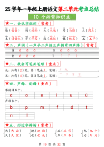 一年级上册语文第二单元考点总结10个必背知识点-宝库盒教辅资料站