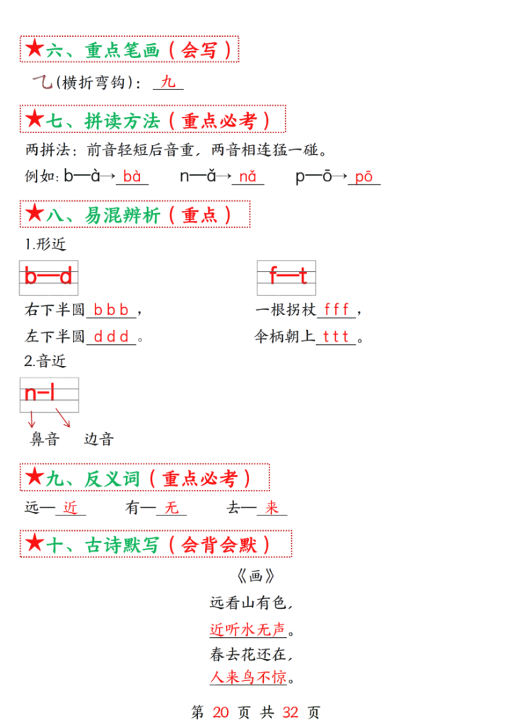图片[2]-一年级上册语文第二单元考点总结10个必背知识点-宝库盒教辅资料站