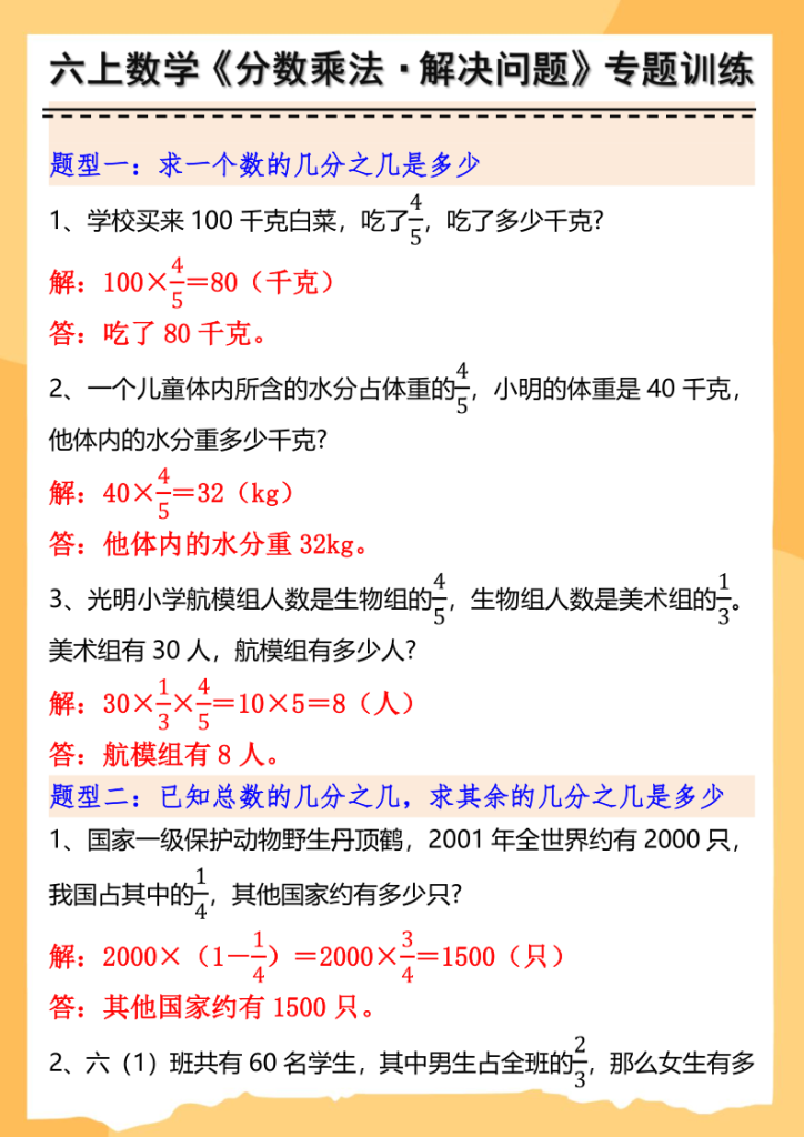 图片[6]-六上数学分数乘法解决问题专项训练（空白+答案10页）-宝库盒教辅资料站