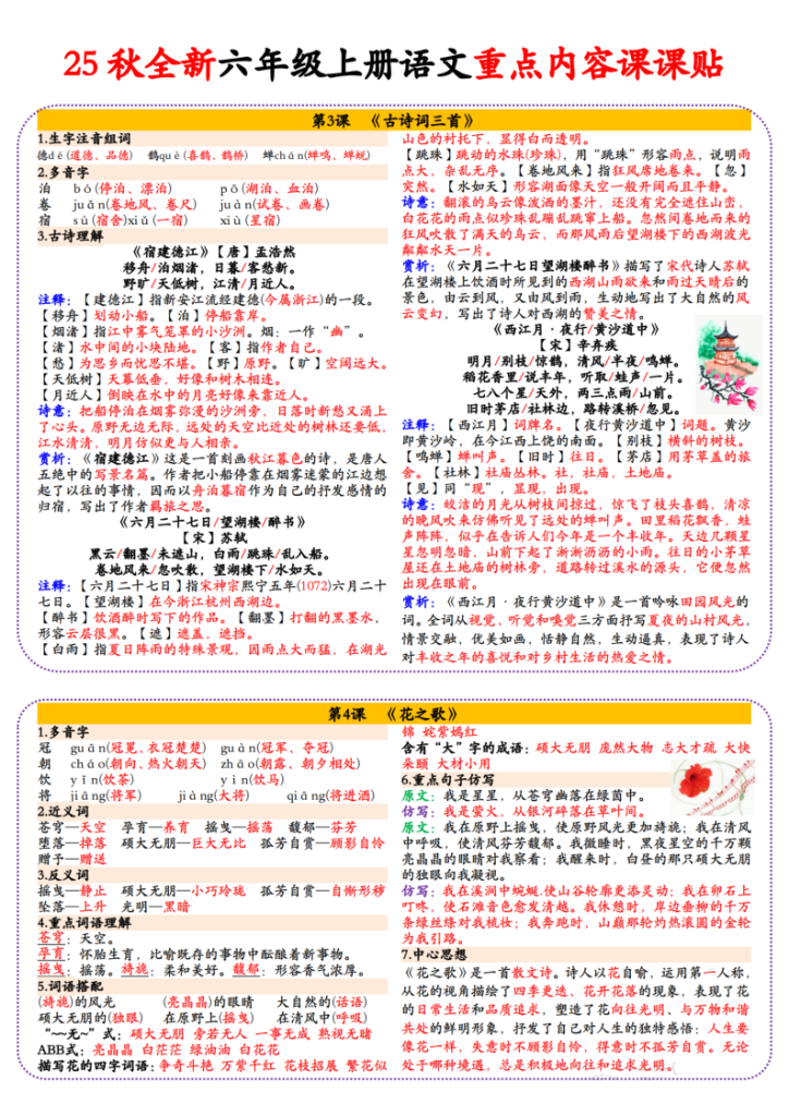 图片[2]-25秋全新六年级上册语文重点内容课课贴-宝库盒教辅资料站