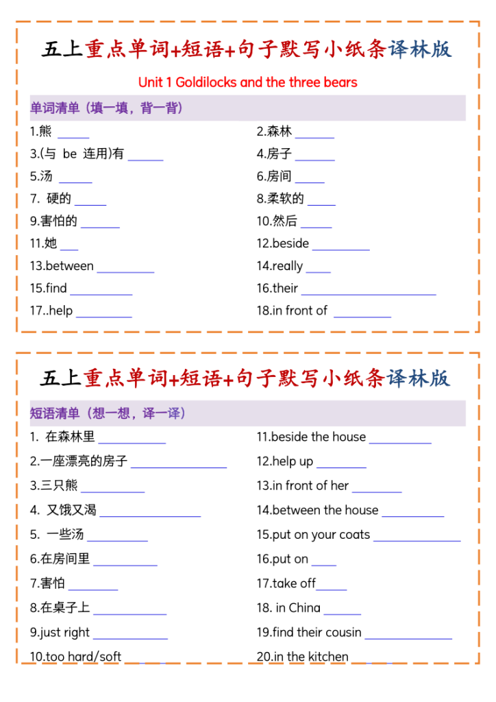 五上译林版英语重点单词+短语+句子默写小纸条-宝库盒教辅资料站