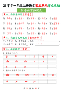 一年级上册语文第三单元考点总结9个必背知识点-宝库盒教辅资料站
