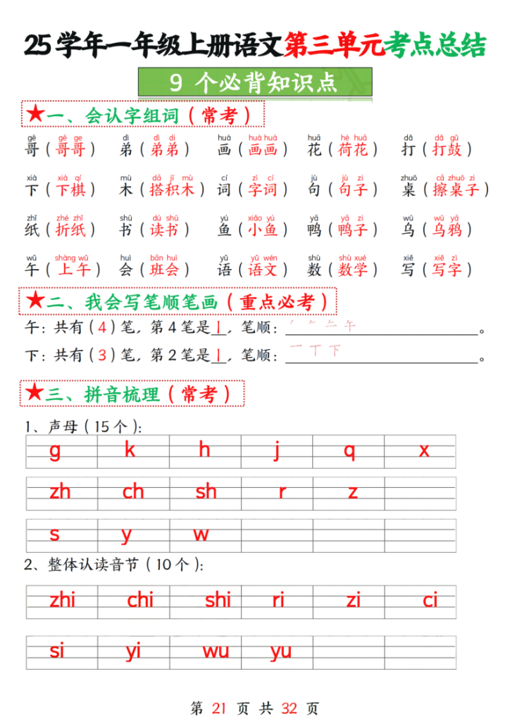 一年级上册语文第三单元考点总结9个必背知识点-宝库盒教辅资料站