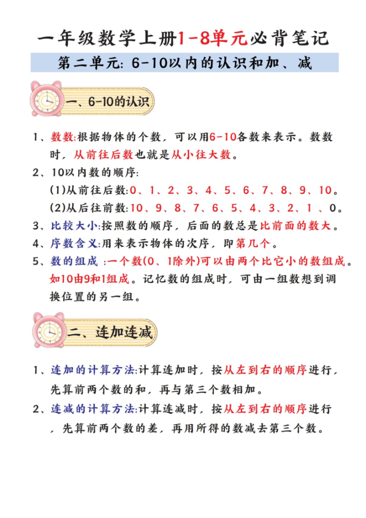 图片[2]-一年级数学上册1-8单元必背笔记-宝库盒教辅资料站