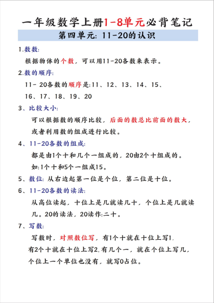 图片[4]-一年级数学上册1-8单元必背笔记-宝库盒教辅资料站