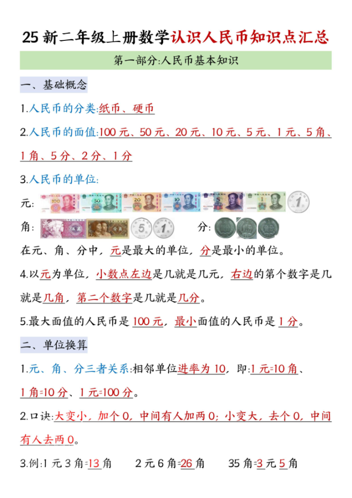 二年级（上）数学认识人民币知识点汇总-宝库盒教辅资料站